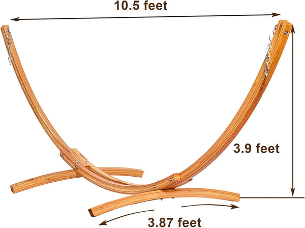 Wooden hammock frame with measurements on a white background
