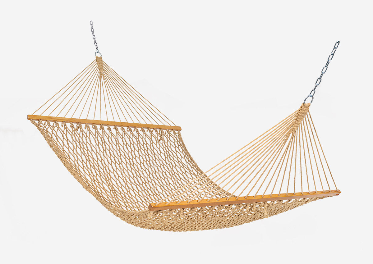 Beige hammock with wooden slats on a white background