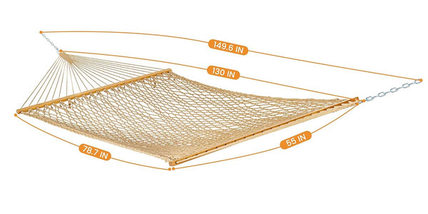 Mesh hammock with dimensions indicated on a white background