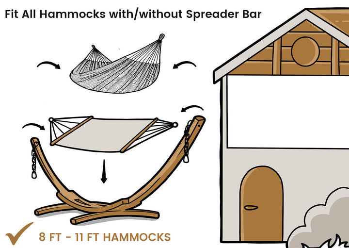 Illustration of a hammock stand with hammocks and a shed in the background.
