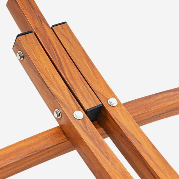 Close-up of a wooden stand with metal brackets on a white background