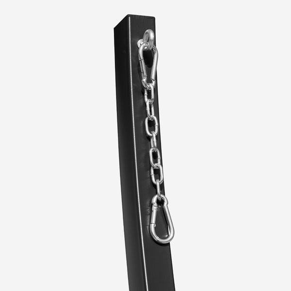 Metal chain with a carabiner attached to a black rectangular object on a white background