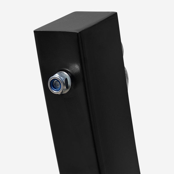 Black metal bracket with a bolt on a white background