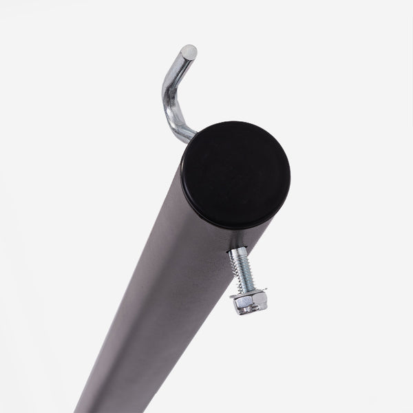 Metal hook with black cylindrical base and visible screw on a white background