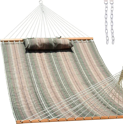 Large Double Quilted Hammock with Detachable Pillow#color_green-brown-stripes
