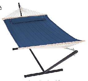 Deluxe Quilted Fabric Hammock with Steel Hammock Stand and Pillow Comb#color_blue