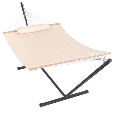 Deluxe Quilted Fabric Hammock with Steel Hammock Stand and Pillow Comb#color_beige