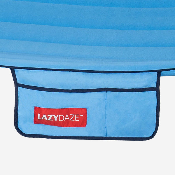 Blue bag with a red 'Lazy Daze' logo on a white background