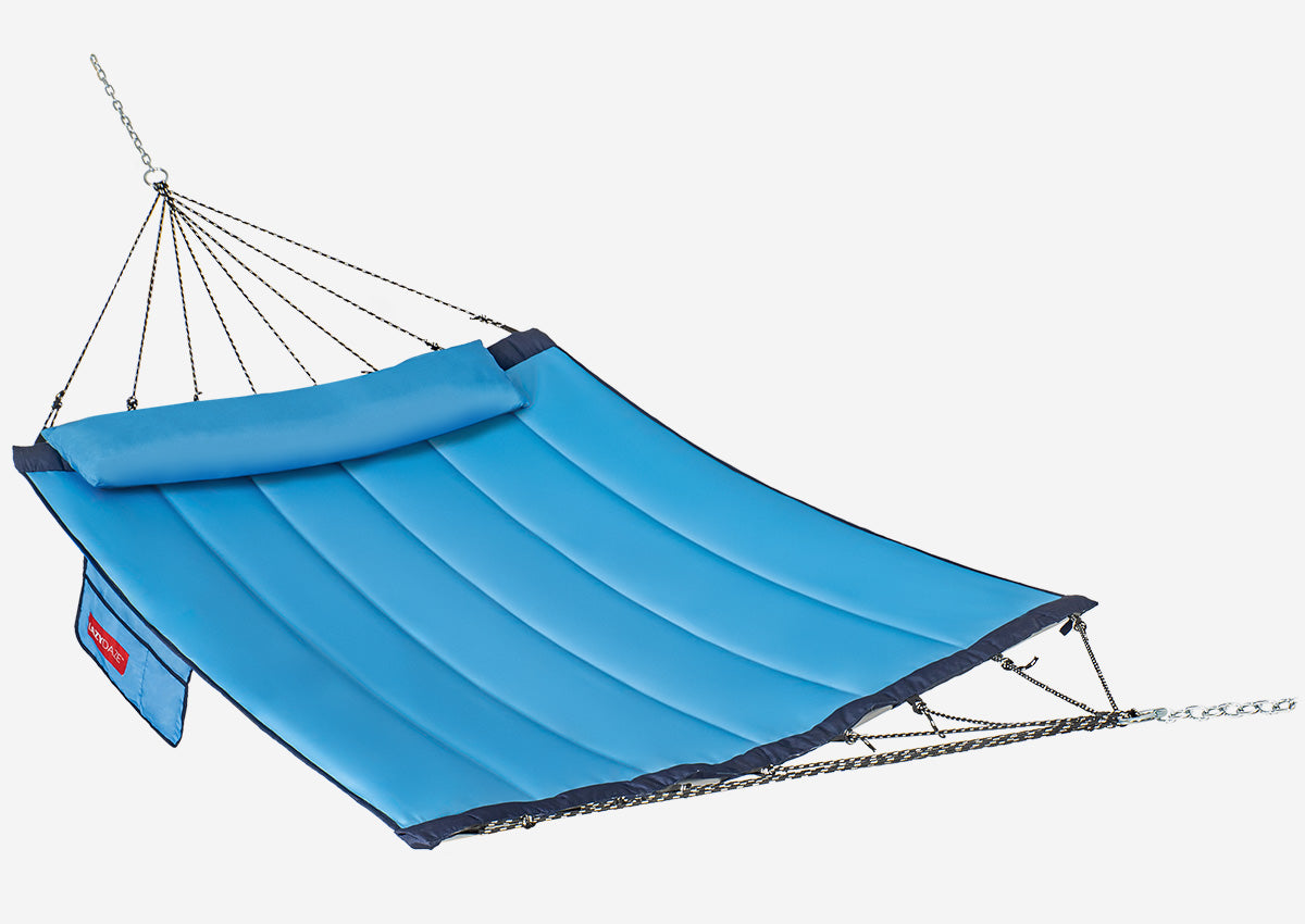 Blue inflatable hammock with straps on a white background