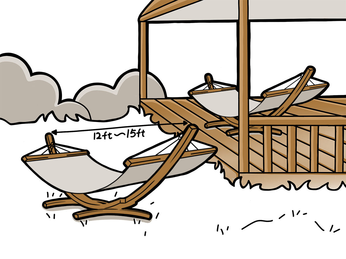 Illustration of a wooden dock with a hammock and lounge chairs on a white background