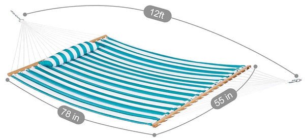 Teal and white striped hammock with dimensions on a white background