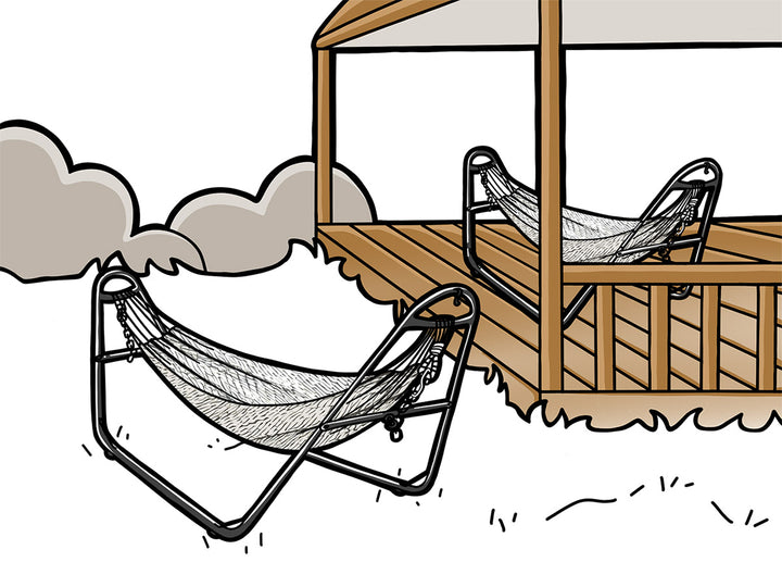 Illustration of a hammock and lounge chair on a deck with clouds in the background