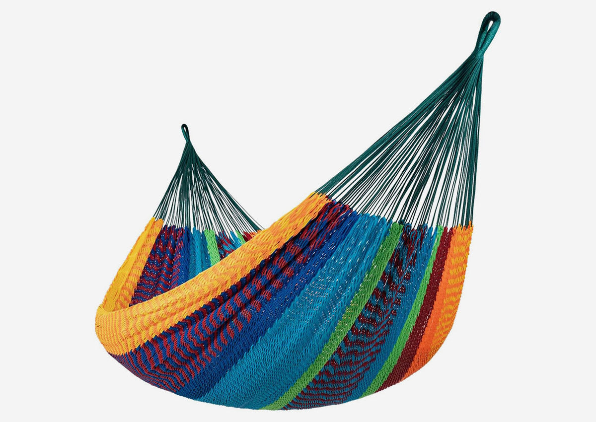 Colorful hammock with blue, green, orange, and purple straps on a white background