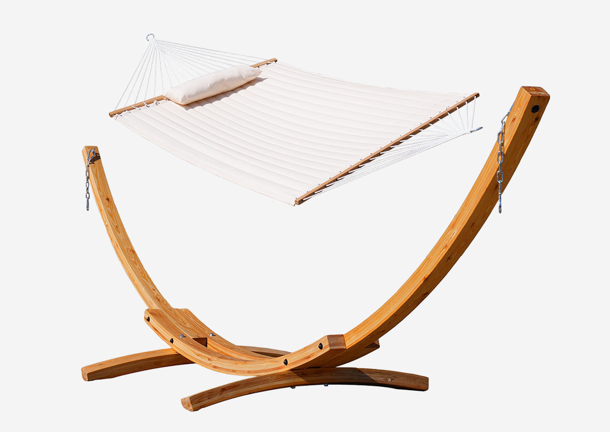 hot point picture: White hammock on a wooden stand against a white background