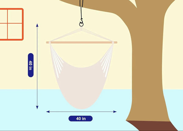 Hammock hanging from a tree with dimensions indicated