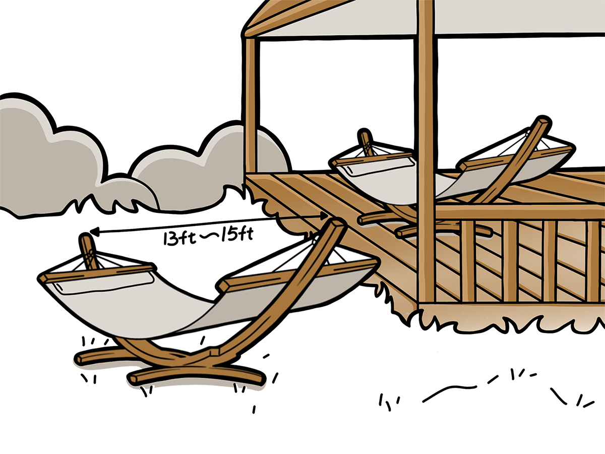 Illustration of a wooden dock with a hammock and lounge chairs, set against a white background.