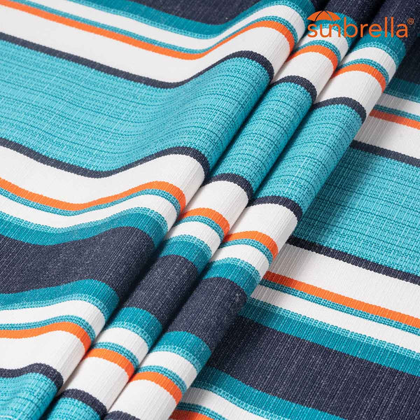 Striped fabric with blue, orange, and white pattern, featuring Sunbrella logo.