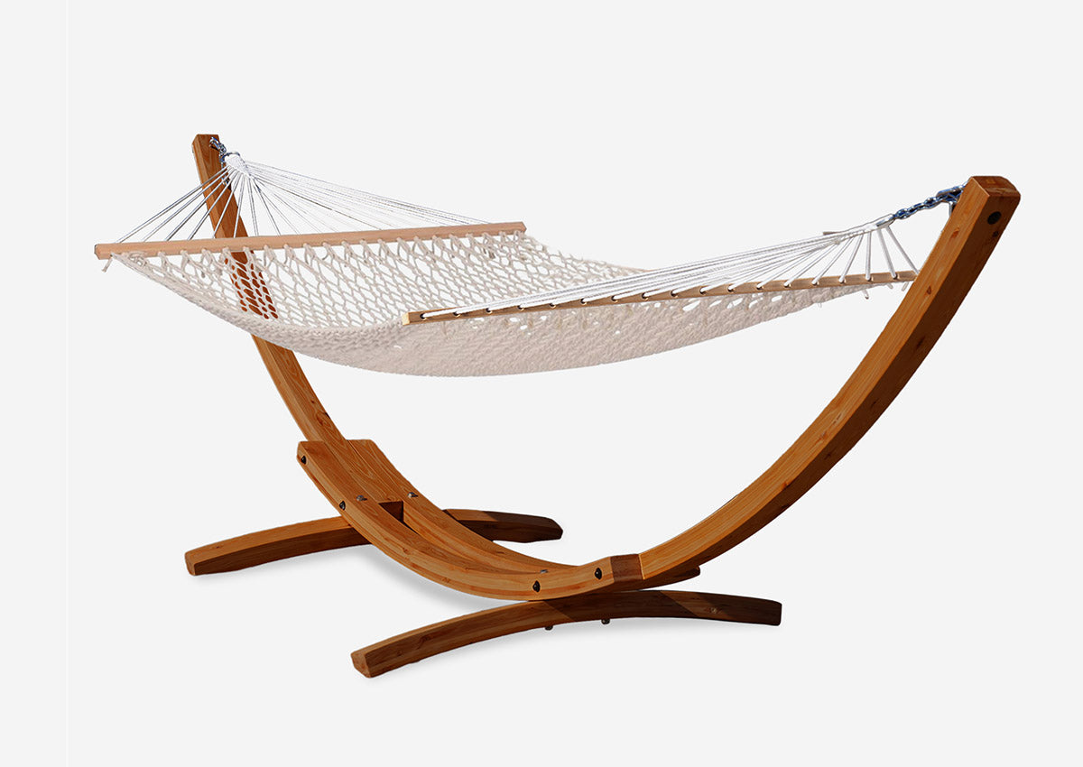 Lazy Daze cotton rope hammock with stand details