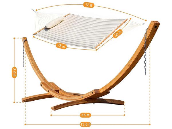 Hammock with wooden stand and measurements on a white background