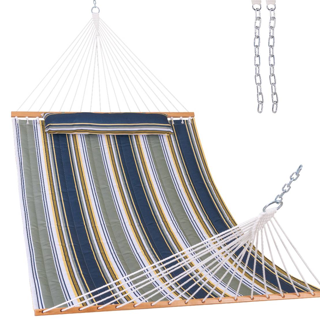 Large Double Quilted Hammock with Detachable Pillow#color_forest-stripes