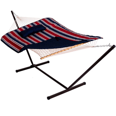 Cotton Rope Hammock, Stand, Pad and Pillow Combo#color_blue-red