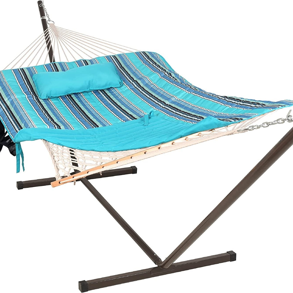 Cotton Rope Hammock, Stand, Pad and Pillow Combo#color_blue-ocean