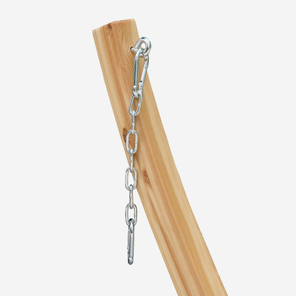 Wooden post with metal chain on a white background