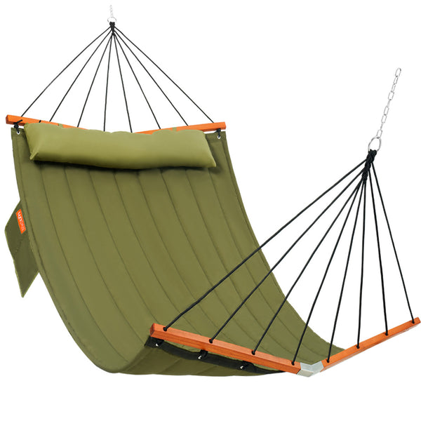 12FT_Quilted_Double_Hammock_with_V-Spreader_Bardisplayed on a clean white background.#color_green