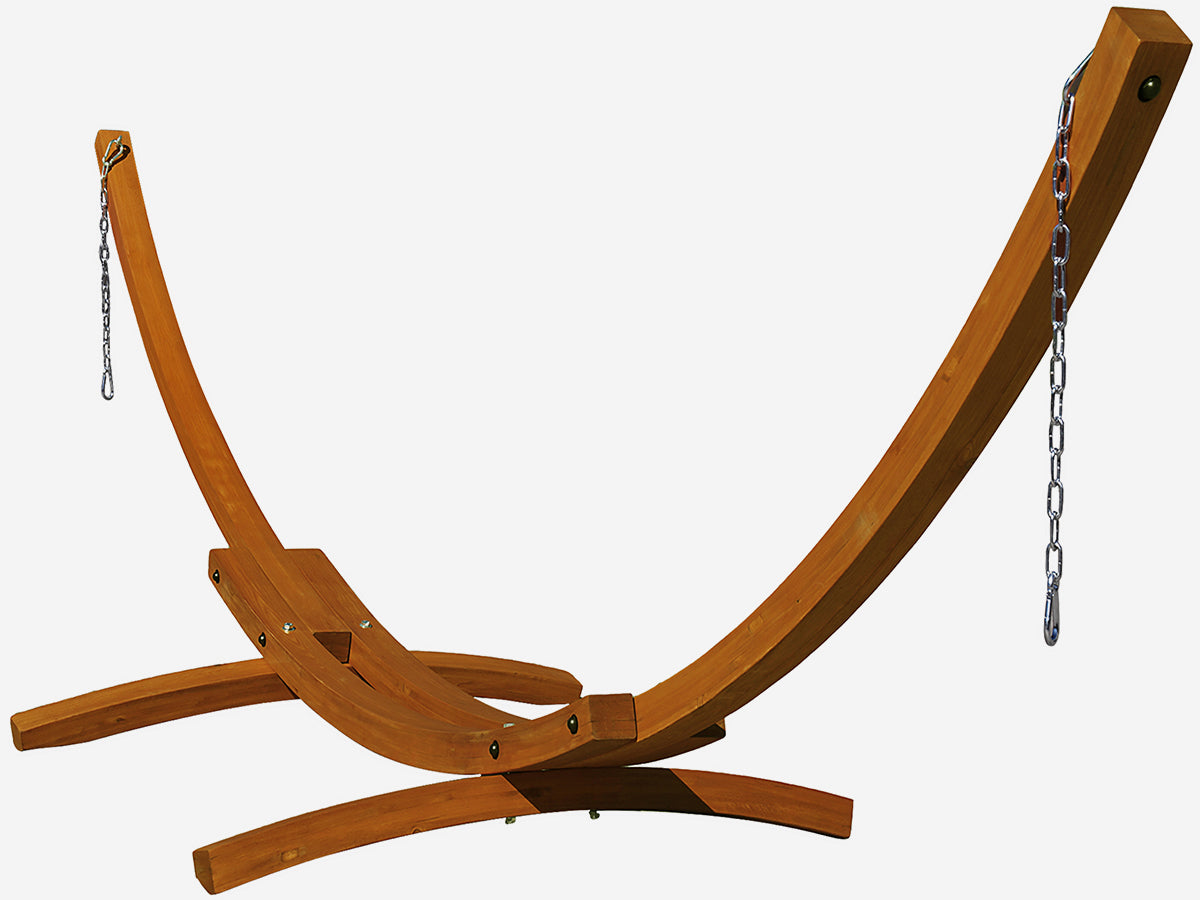 Wooden hammock stand with chains on a white background