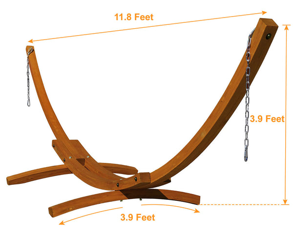 Wooden hammock stand with measurements on a white background