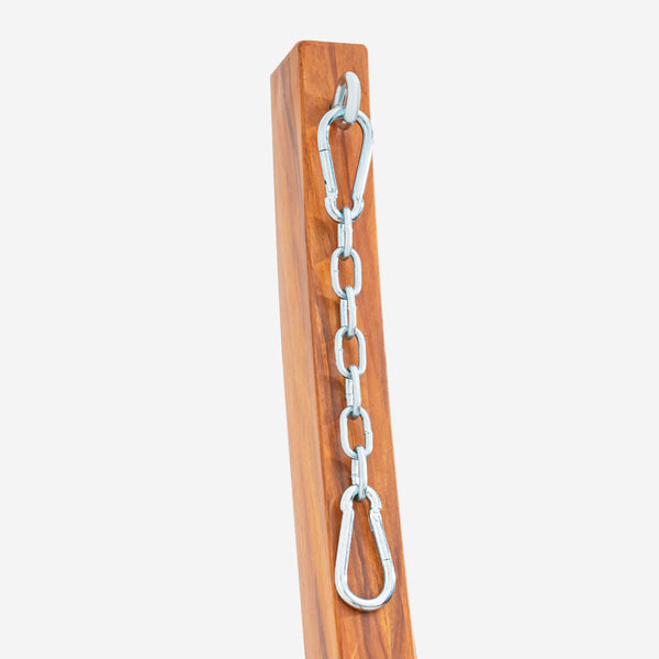 Wooden stake with metal chain and carabiner on a white background