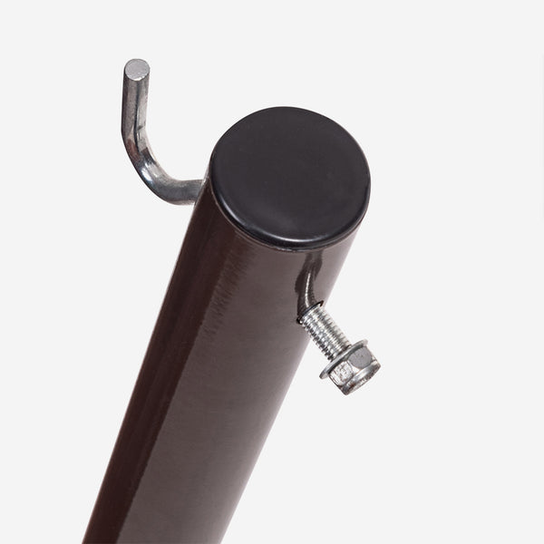 Metal rod with a black cap and silver hook on a white background