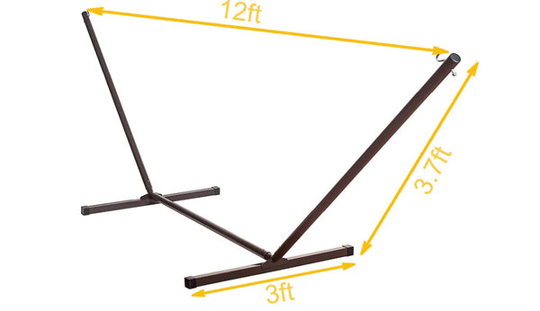 Hammock stand with dimensions labeled on a white background