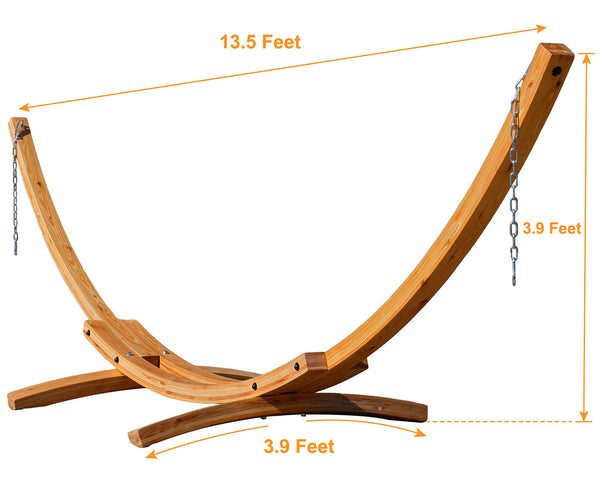 Wooden hammock stand with measurements on a white background