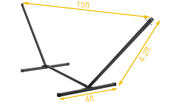 Black hammock stand with measurements on a white background