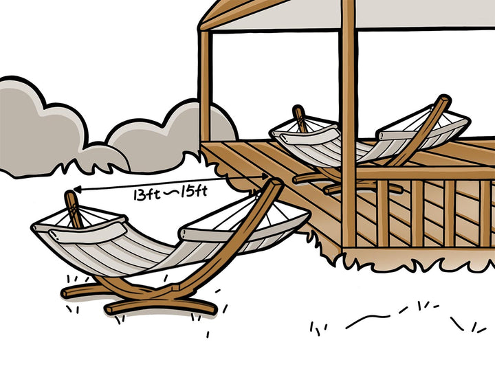 Illustration of a hammock and lounge chairs on a dock with text indicating dimensions.