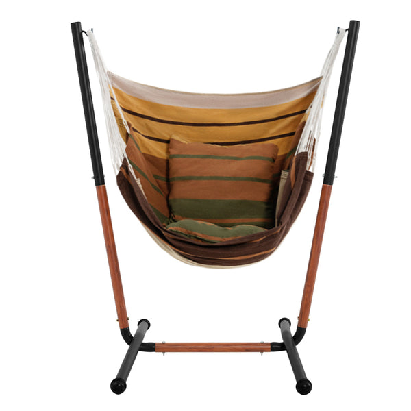 Coffee Stripes Hammock_Chair_with_Heavy-Duty_Stand on the white background.#color_coffee-stripes