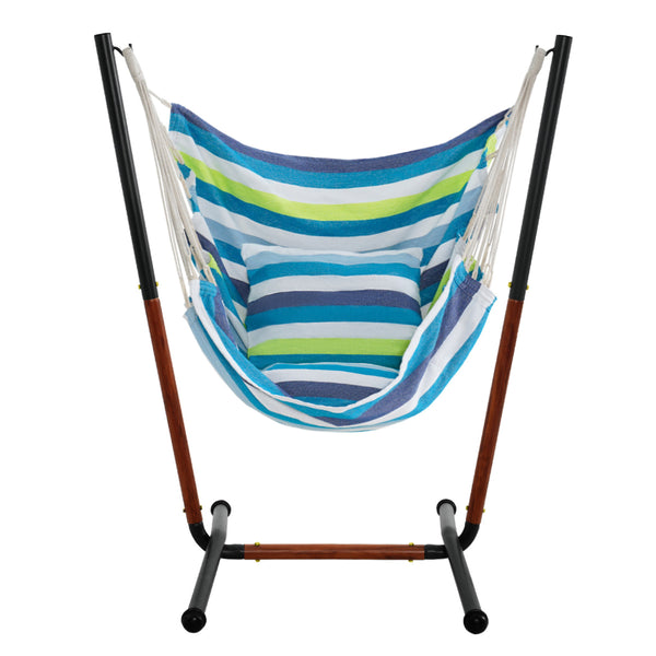 Blue Stripes Hammock_Chair_with_Heavy-Duty_Stand on the white background.#color_blue-stripes