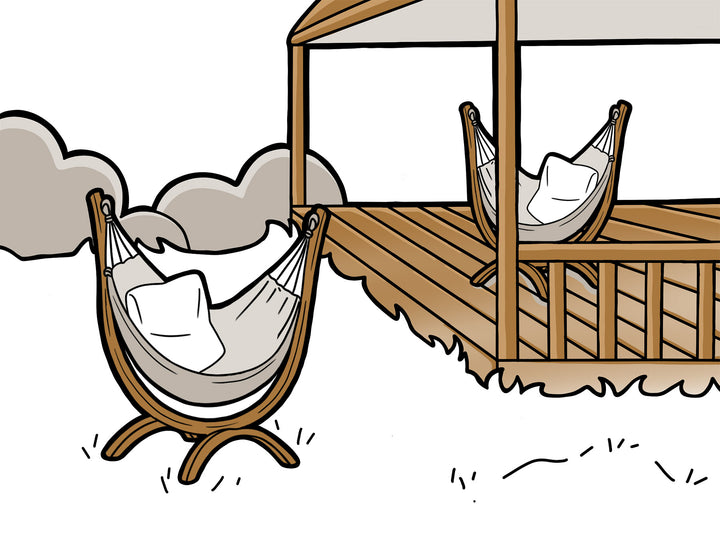 Illustration of a wooden deck with hammocks and clouds in the background