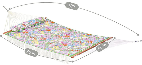 Hammock with floral pattern and dimensions labeled on a white background