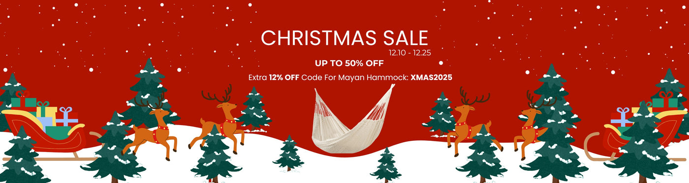 Christmas sale banner with reindeer, sleigh, and trees on a red background