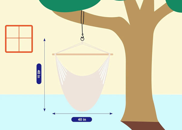Hammock hanging from a tree with dimensions indicated