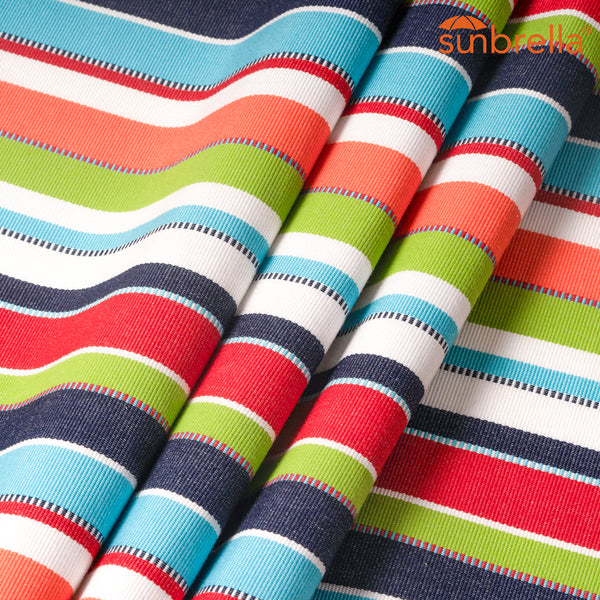 Colorful striped fabric with Sunbrella logo