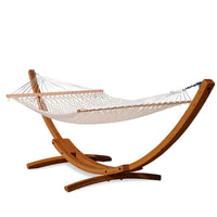 Lazy Daze Classic cotton_rope_hammock_with_brown_wooden_stand.#color_brown