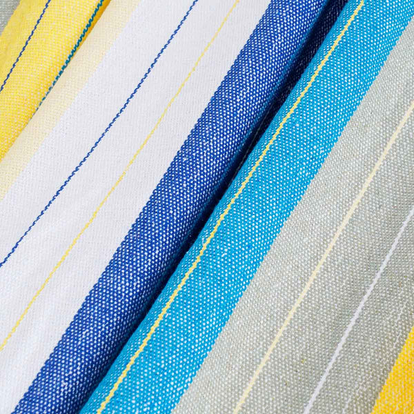 Detailed picture: Close-up of fabric with blue, yellow, and white stripes.