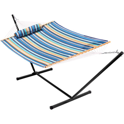Deluxe Quilted Fabric Hammock with Steel Hammock Stand and Pillow Comb#color_blue-strips