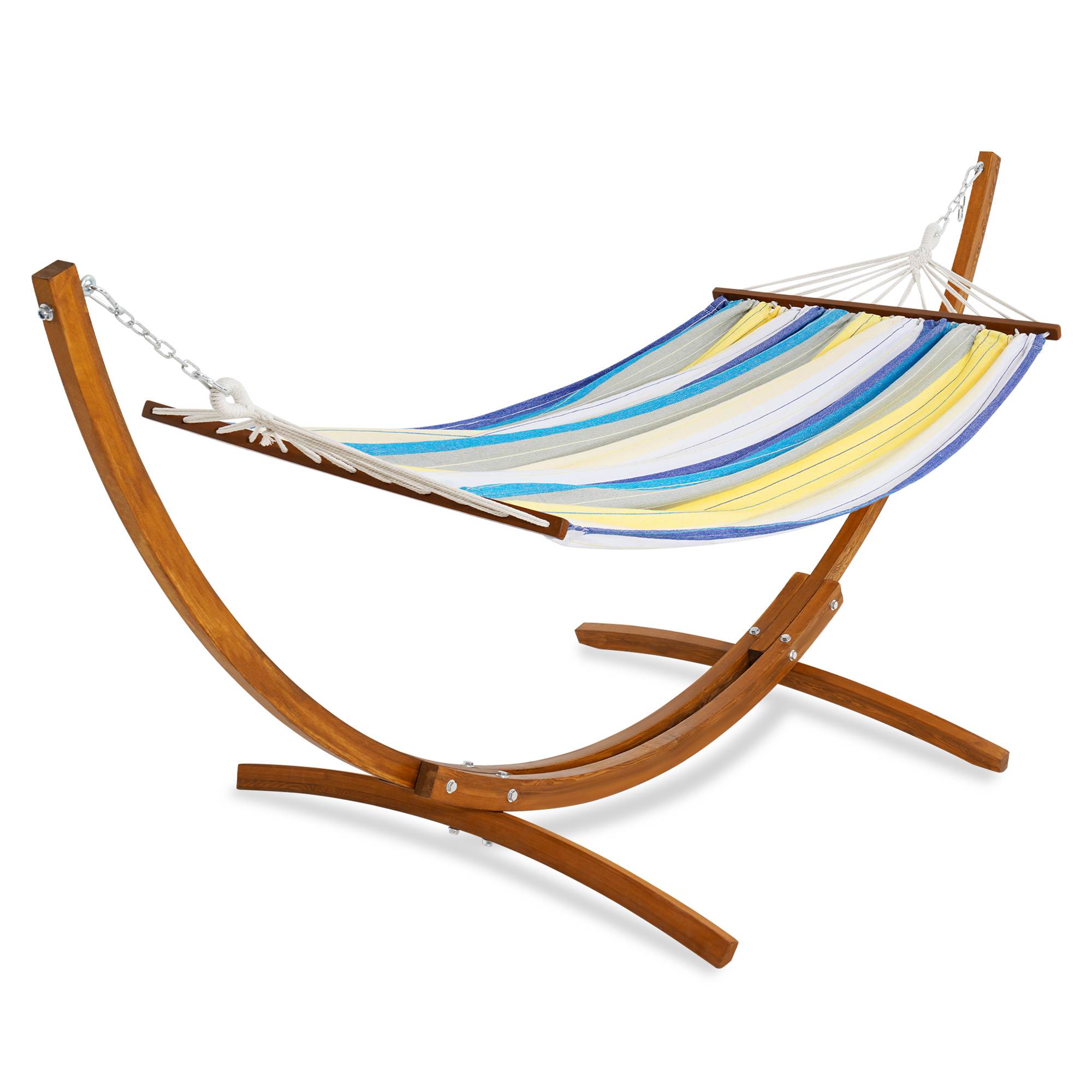 Lazy Daze 10.5 FT Cotton Fabric Hammock with Stand on a white background. #color_blue-and-green