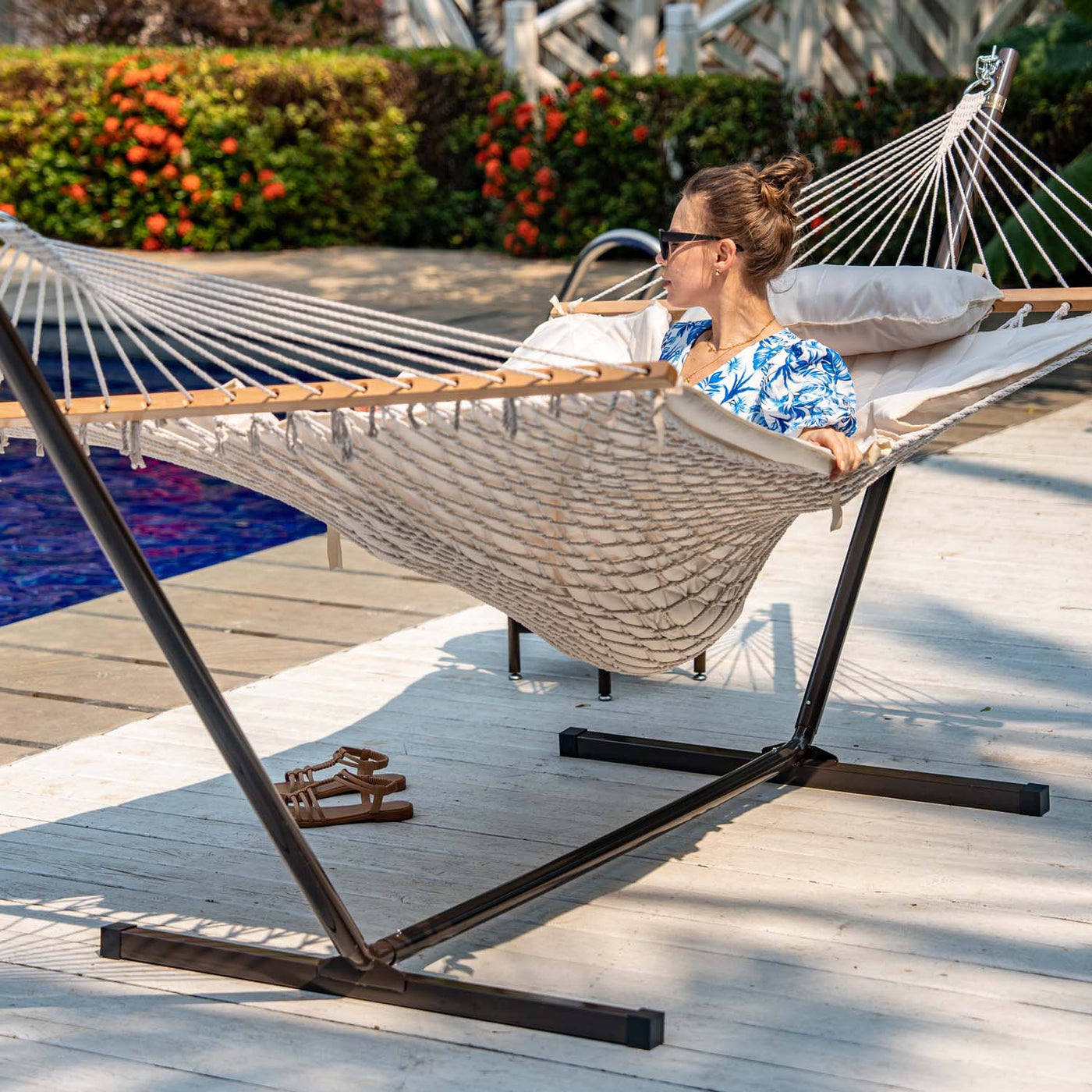 Lazy Daze hammock stand with hammock, ideal for backyard comfort.#color_coffee