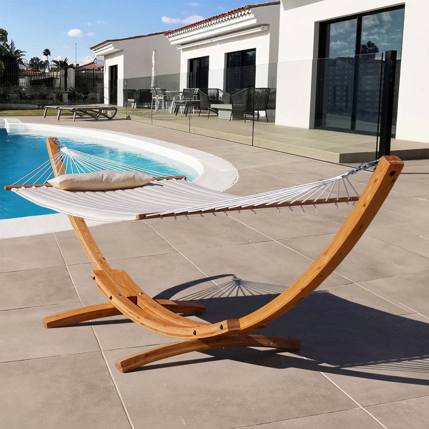 Lazy Daze 13 FT hardwood arc hammock stand, ideal for outdoor spaces.#color_natural