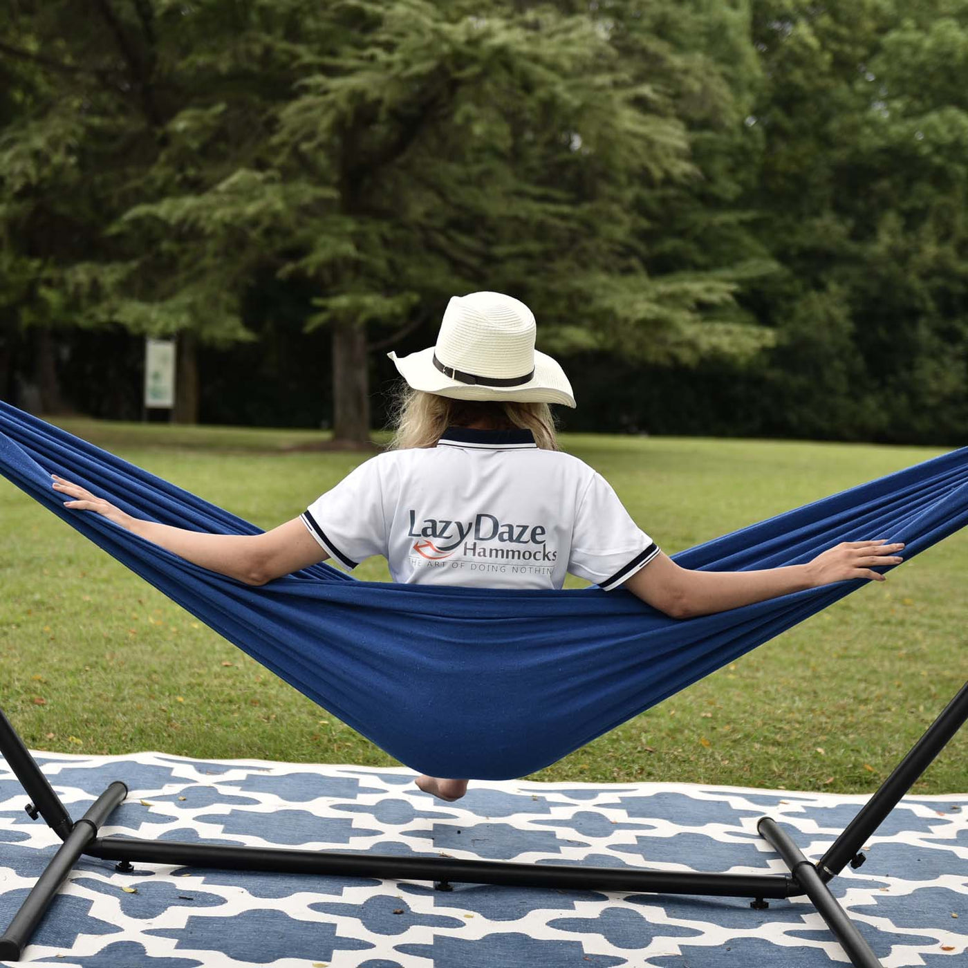 Lazy Daze brazilian hammock combo displayed in a backyard for ultimate comfort.#color_dark-blue